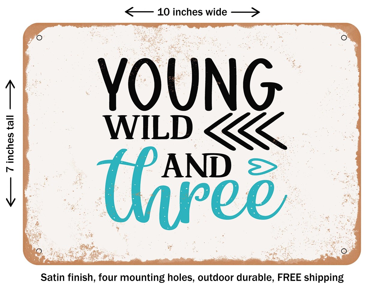 DECORATIVE METAL SIGN - Young Wild and Three - 3 - Vintage Rusty Look